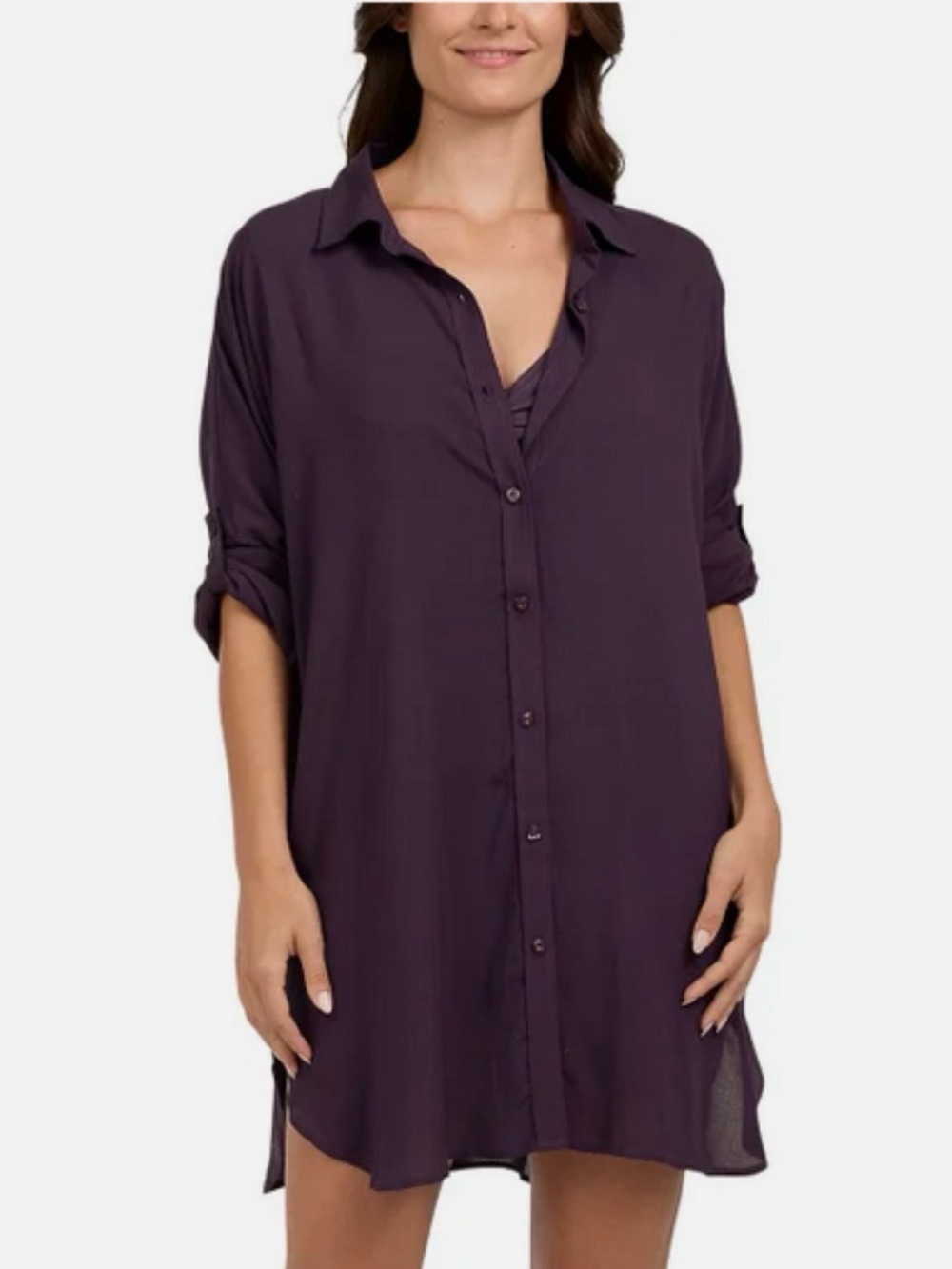 Lands End Womens Button Front Long Sleeves Beach Cover Up Top Purple Size M/L